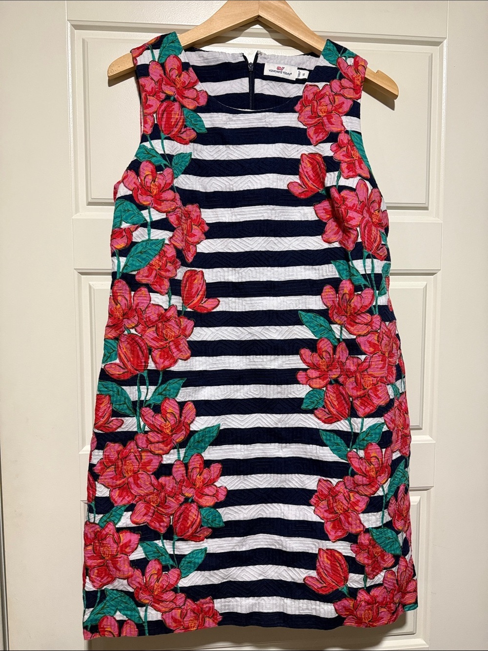 Striped Navy & White Floral Shift Dress - Coral Floral